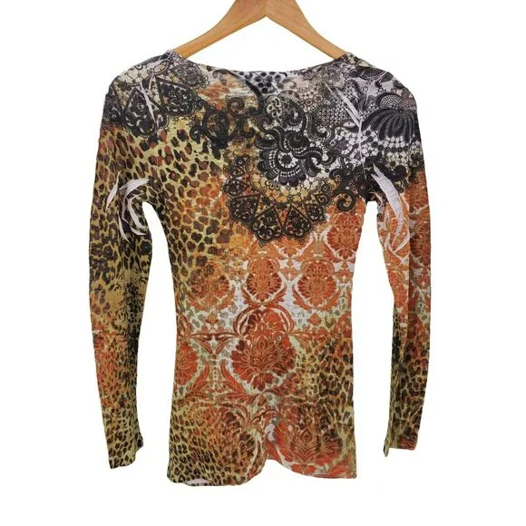 Daytrip Womens Boho Leopard Print Knit Top Sz S Brown Sequin V-Neck Slimming - Picture 2 of 8